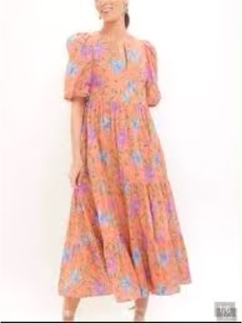 Floral Tiered Maxi Dress with Puff Sleeves in Peach - Picture 2 of 7